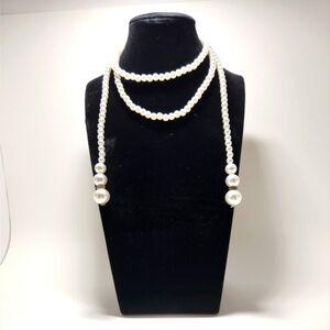 Glass Pearl Lariat Necklace 40" Long Rhinestone Bead Spacers Excellent Condition